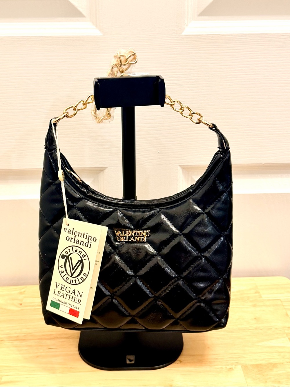 NWT Valentino Orlandi Black Quilted Shoulder Bag Gold Chain